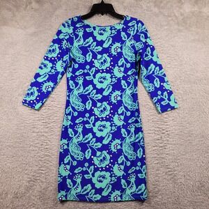 All For Color Sheath‎ Dress Womens XS Blue Peacock Floral 3/4 Sleeve